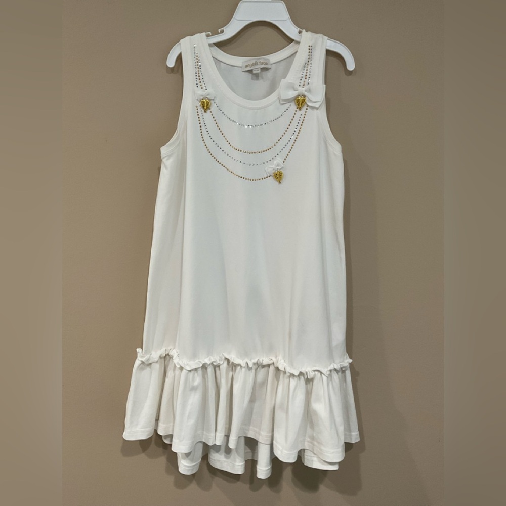 🌼Angel’s Face Girl’s White Cotton Front Adorned Rushed Hem Dress, 10/11 years